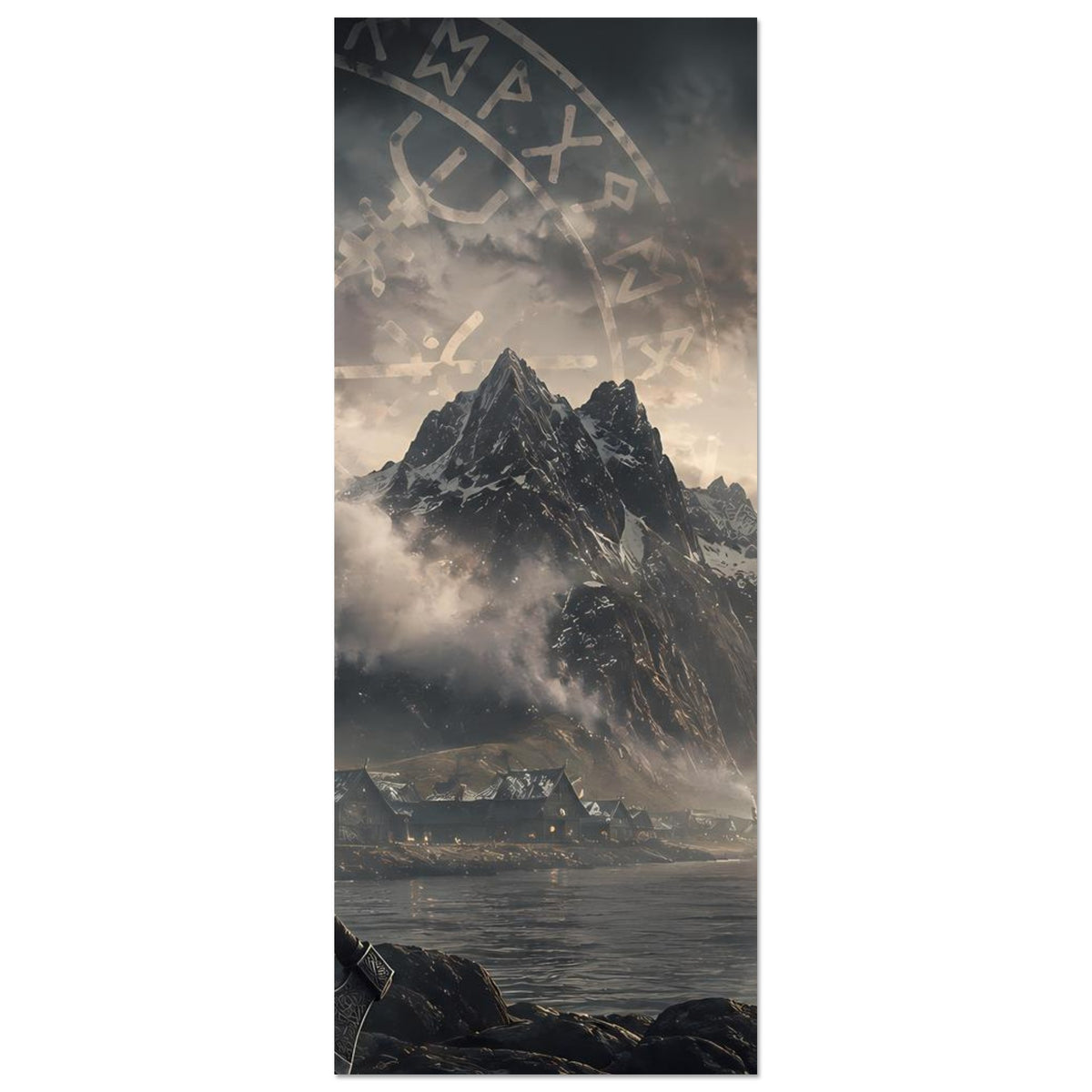 Poster, vertikal: Fjord mit Siedlung und Runenkreis über den Bergspitzen