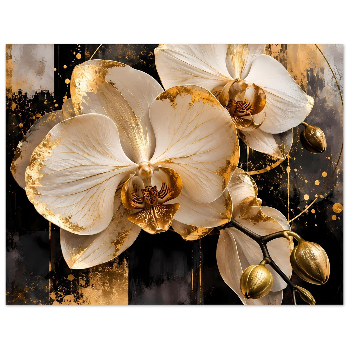 Breites Poster mit weißen Orchideenblüten, goldenen Akzenten und goldenen Deko-Kugeln
