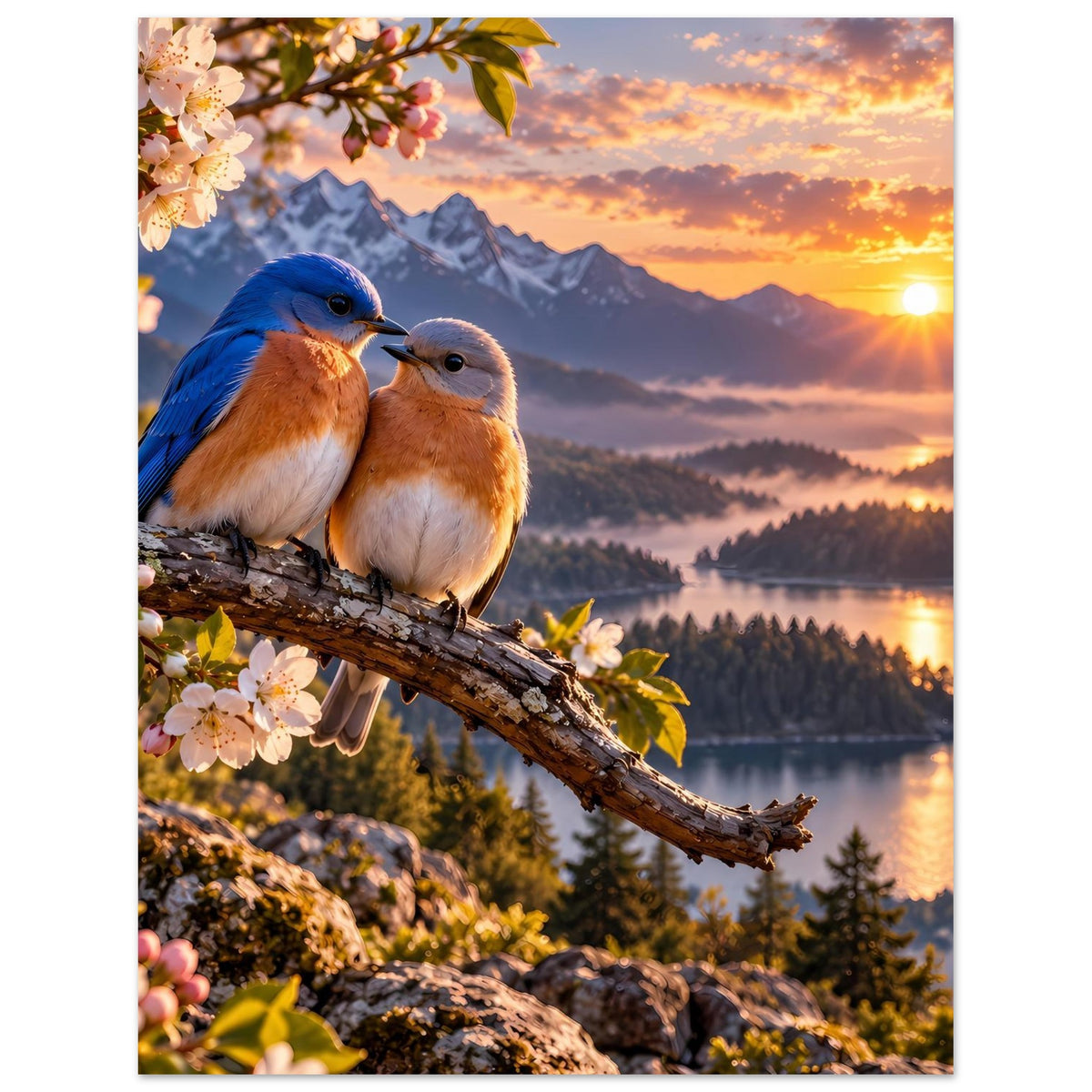 Posteransicht mit zwei Vögeln auf Baumast, rosa Blüten, Bergsee bei Sonnenuntergang