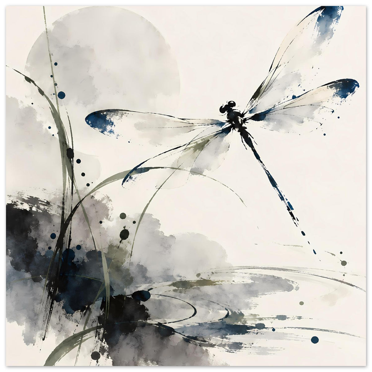 Hochformat-Aquarell-Poster mit Libelle in Blau und Grau, dynamische Flügel mit Spritzoptik.