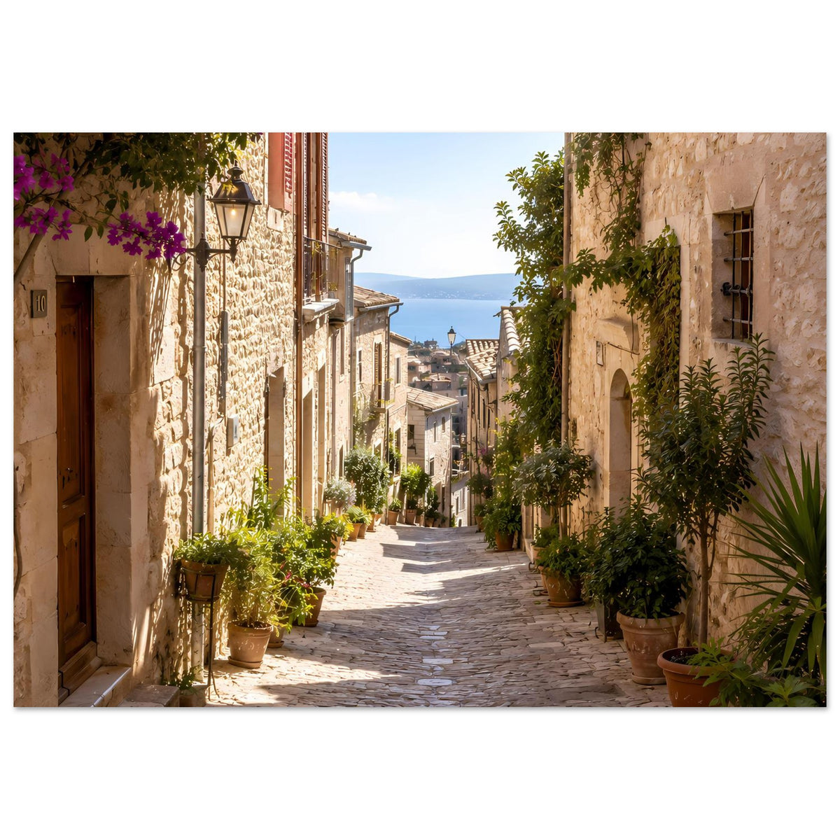Querformat-Poster: mediterrane Gasse mit Steinpflaster, Grünpflanzen an den Wänden und Töpfen