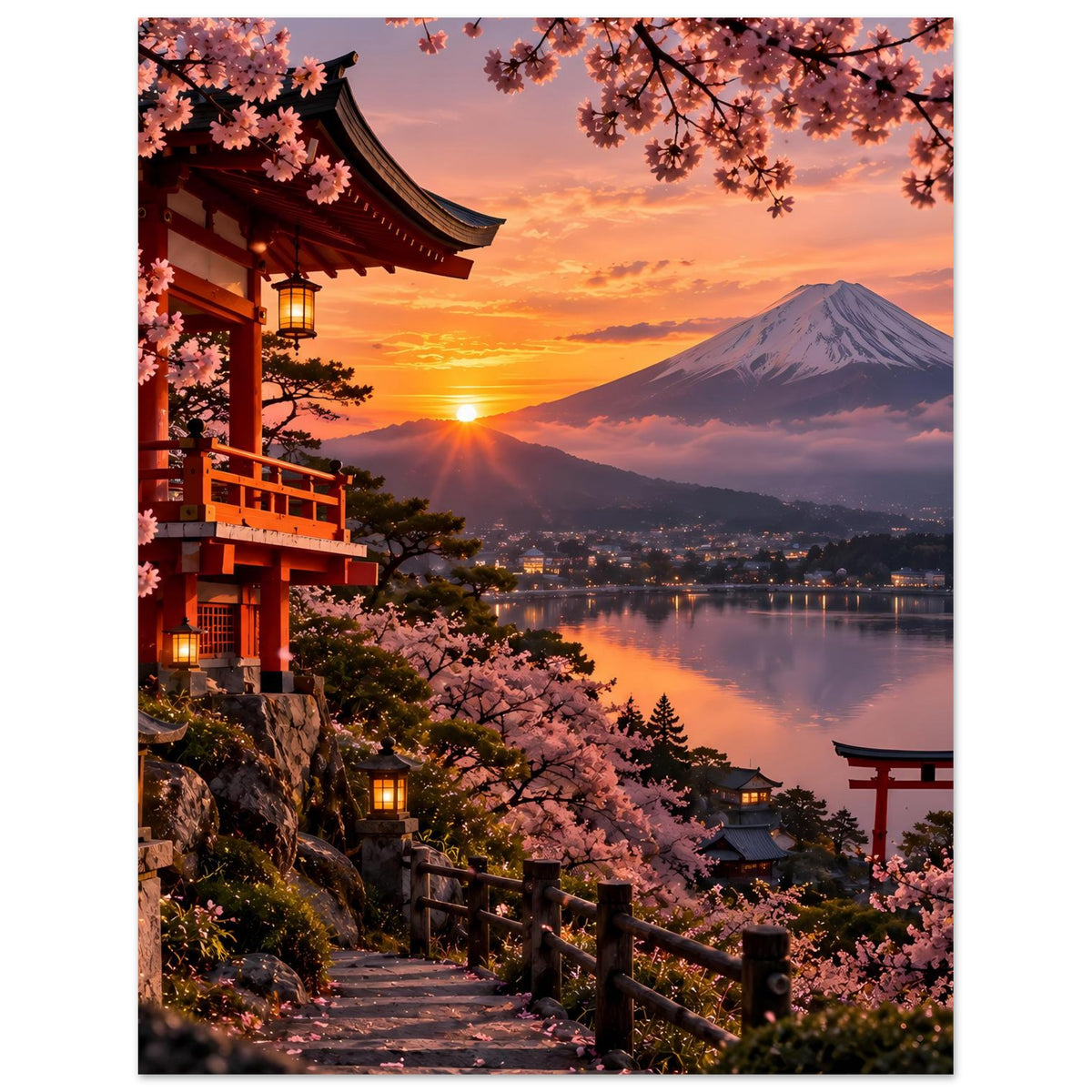 Hochformat-Poster: Kirschblüten über Uferweg, Tempel, Torii und Berg in warmem Licht