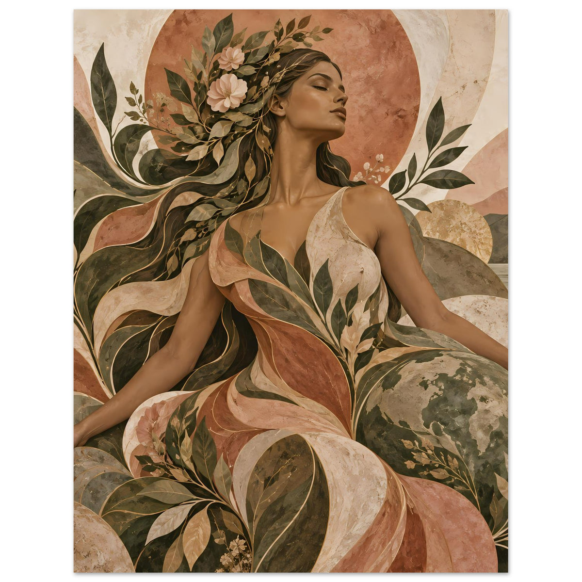 Kunstposter im Hochformat mit Frauengesicht im Profil, Blumen und Blätterranken im Muster
