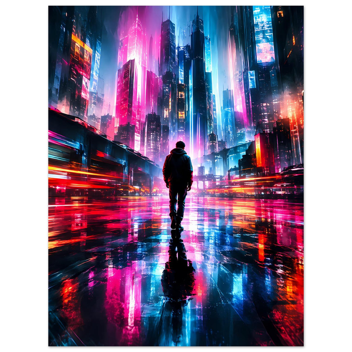 Vertikales Cyberpunk-Poster: Mann läuft durch Neonstraße zwischen blau-pinken Hochhäusern.