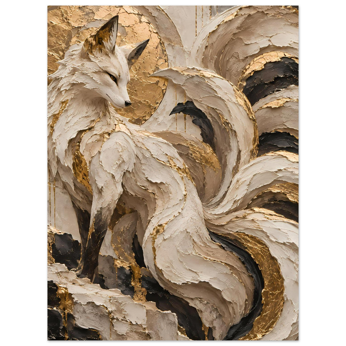 Fuchsposter mit seitlicher Fuchssilhouette, goldene Textur und schwarze Partien