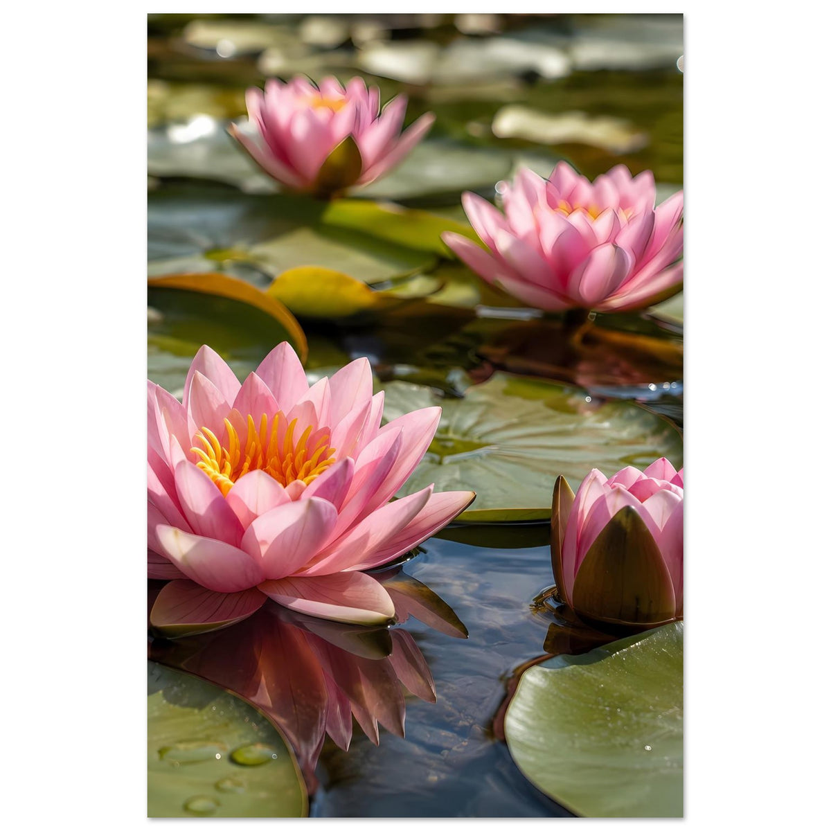 Vertikales Poster mit rosa Seerosen, gelbe Blütenmitte und Knospe auf Wasser