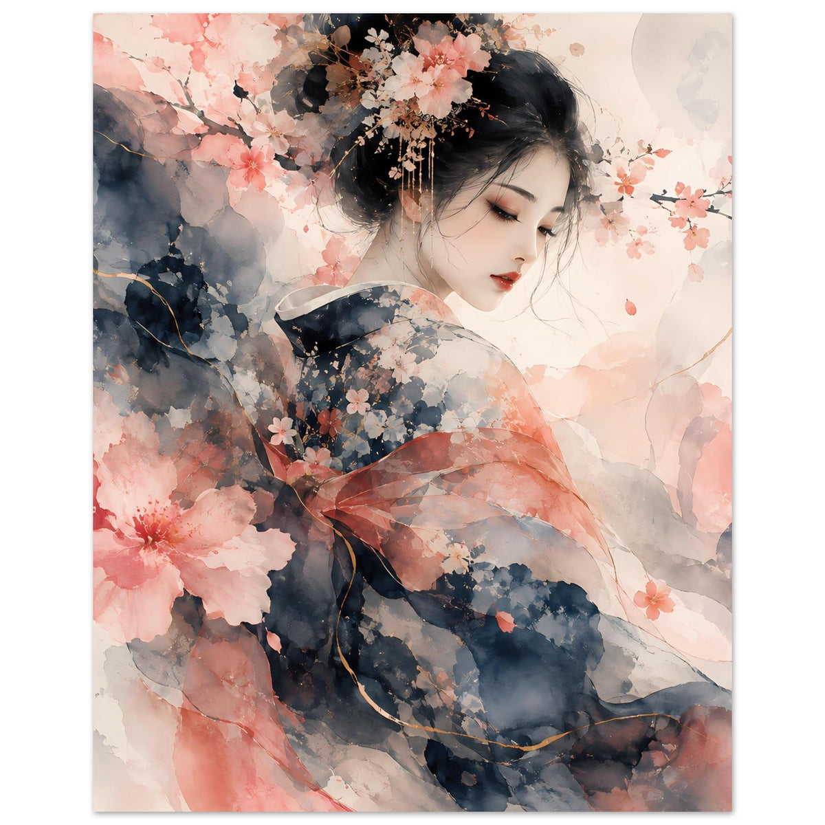 Poster mit Aquarellkunst: Frau in Pastelltönen, Kirschblütenzweige und florale Details
