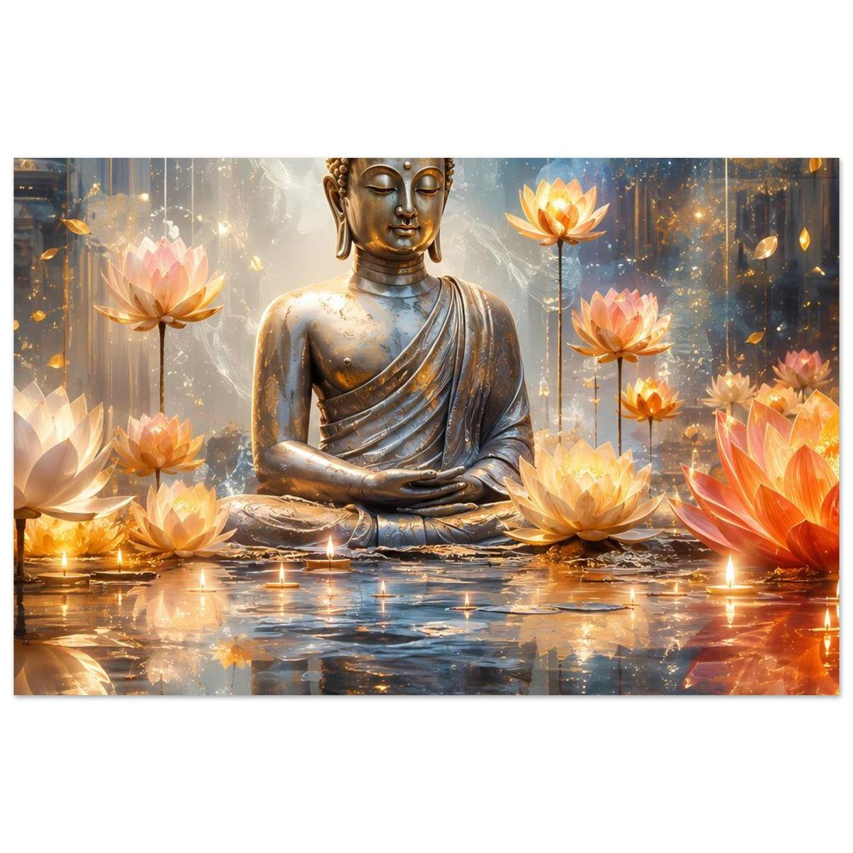 Horizontales Kunstdruck-Poster: Buddhafigur im Meditationssitz mit Lotusblumen und Licht