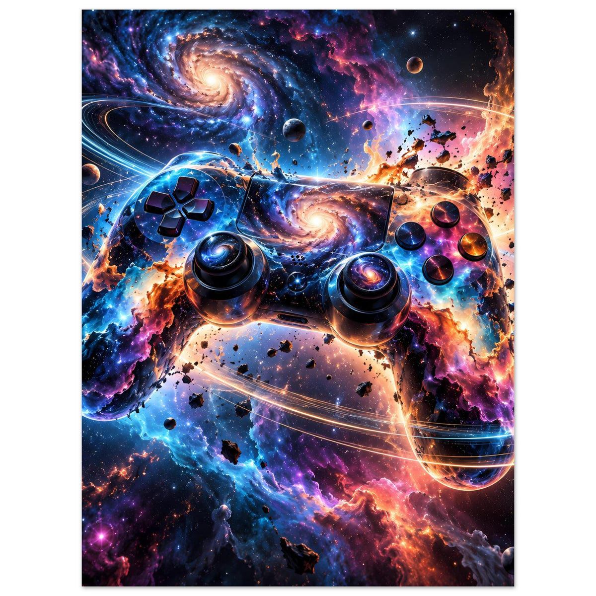 Poster mit Galaxie-Gaming-Controller, Hochformat, farbenfrohes Raum-Design im Rahmen