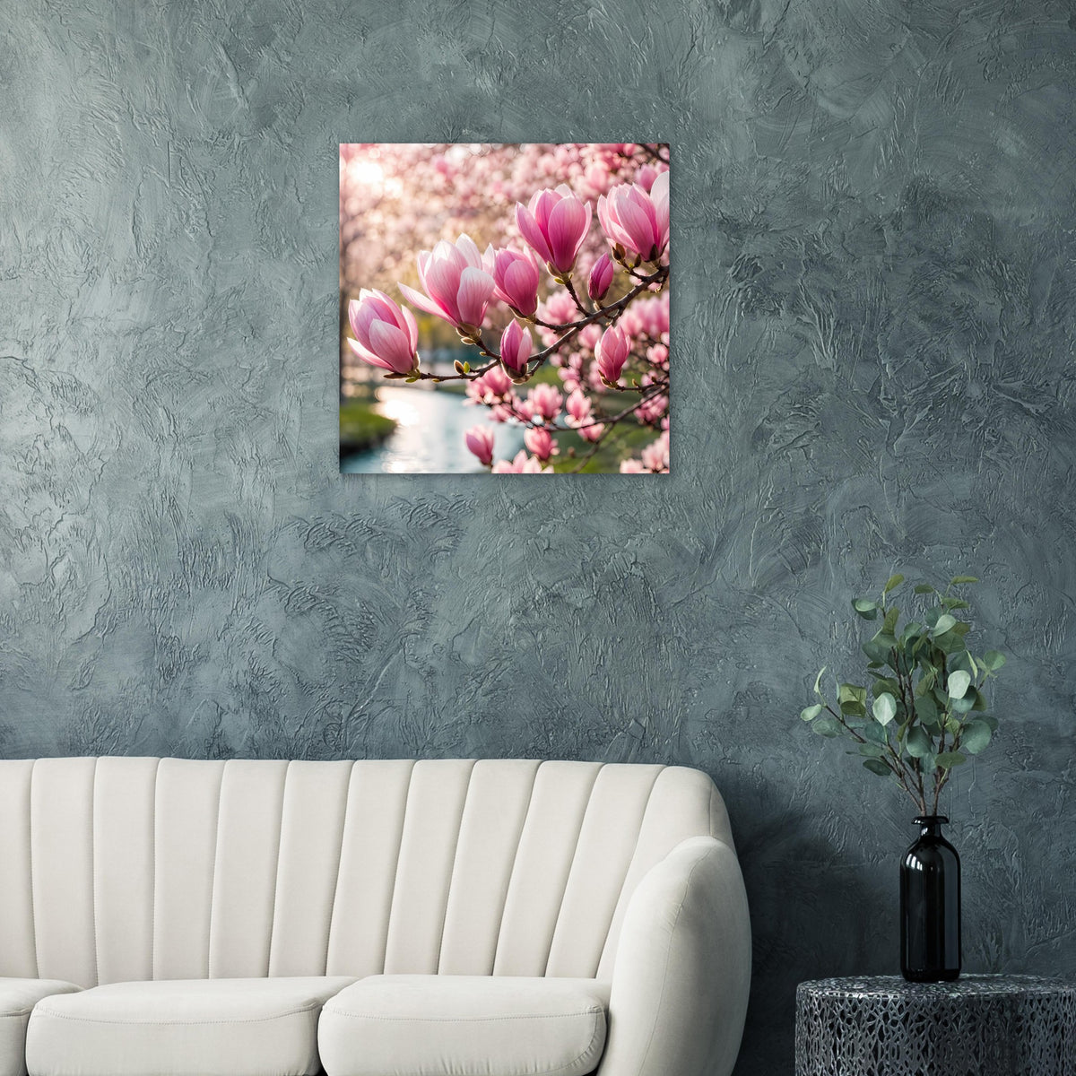 Blumenposter mit rosa Magnolienblüten im quadratischen Bildausschnitt