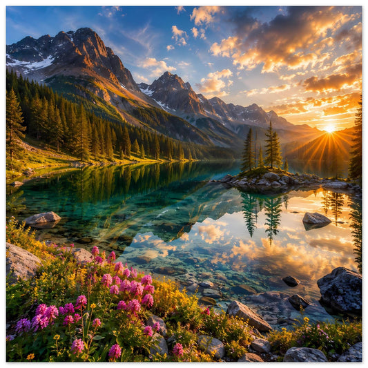 Poster mit Sonnenuntergang am Bergsee, grünen Bergen, Fluss und violetten Blüten