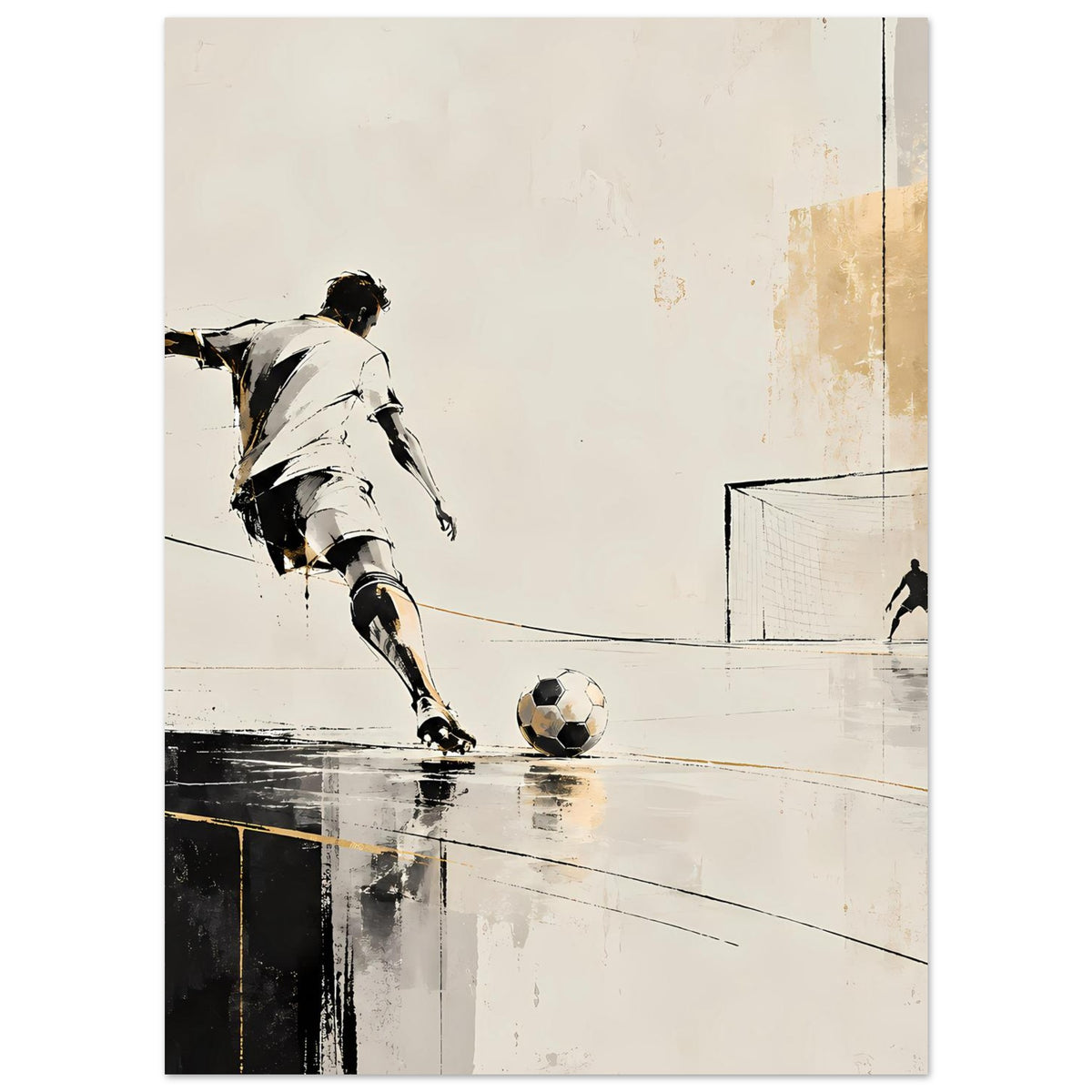 Sportposter, leichter Detailausschnitt: Fußballer mit Ball, Tor und geschwungene Linien