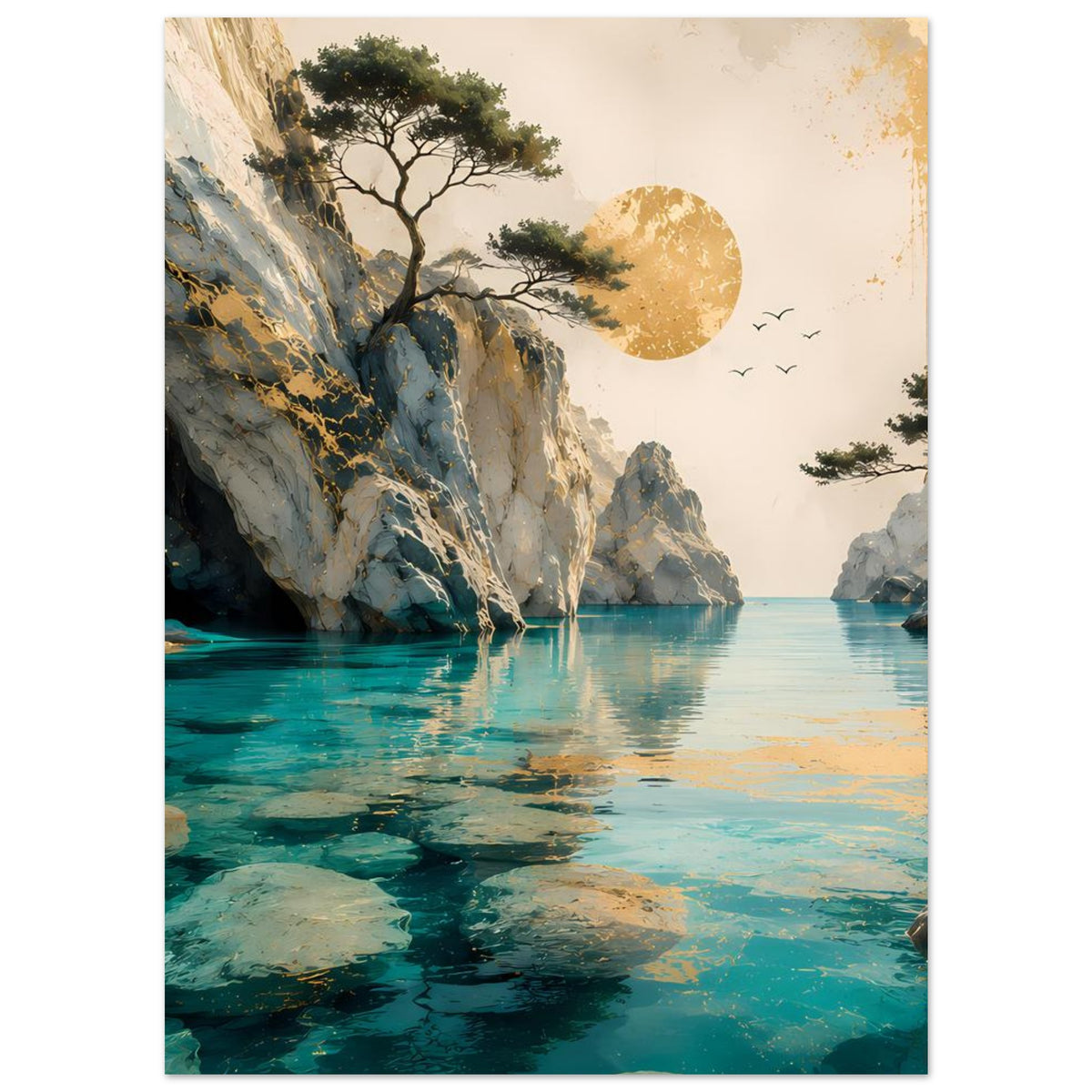 Hochformatiges Poster mit Küstenblick: Felsklippen, türkisblaues Wasser, goldener Mond, Vögel.