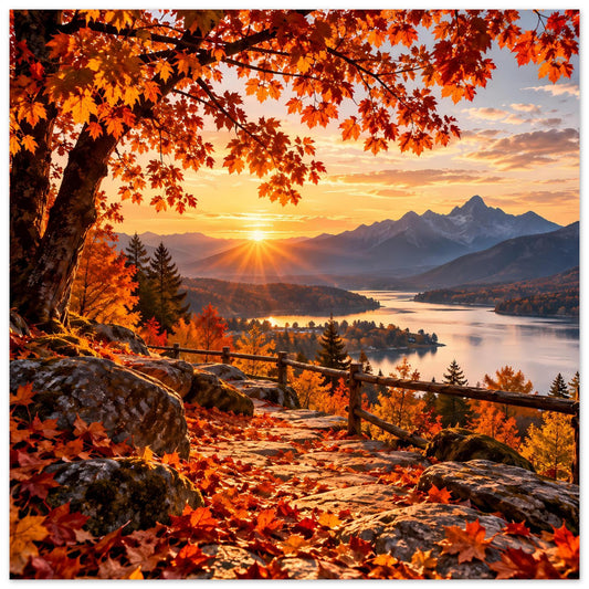 Herbstlandschafts-Poster mit Sonnenuntergang, orangen Blättern, Bergkette und See, Holzgeländer
