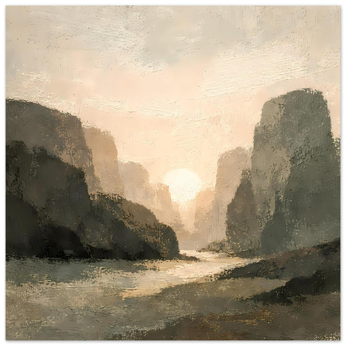 Vertikales Poster mit goldener Lichtquelle im Canyon, beige Himmel und dunkle Berge.