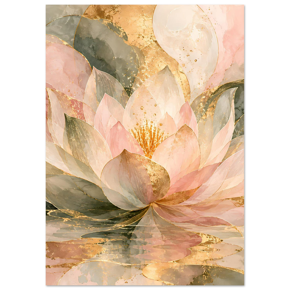 Elegantes Zen-Poster mit Lotusblüte in Rosé, Gold und Grün