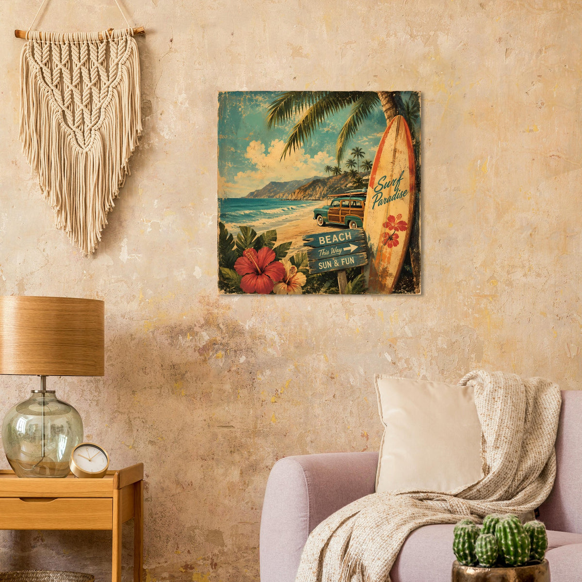 Vintage Beach-Poster mit Surf Paradise, Surfbrett, Palmen und Hibiskusblüten