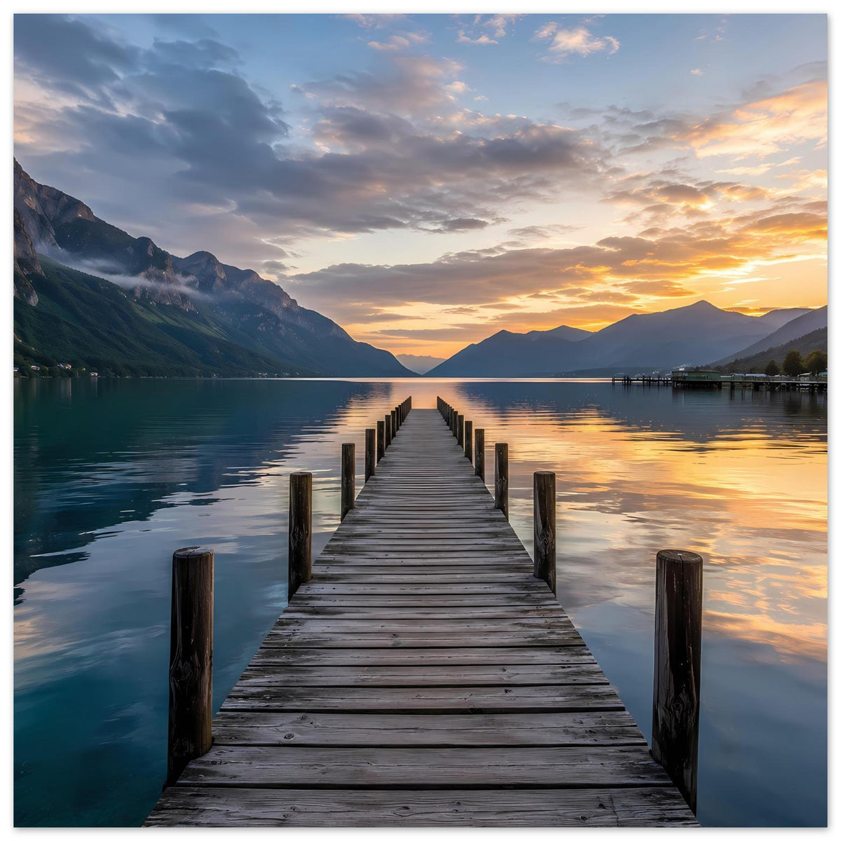 Horizontales Poster mit Sonnenuntergang am See und Holzsteg bis zu den Bergen