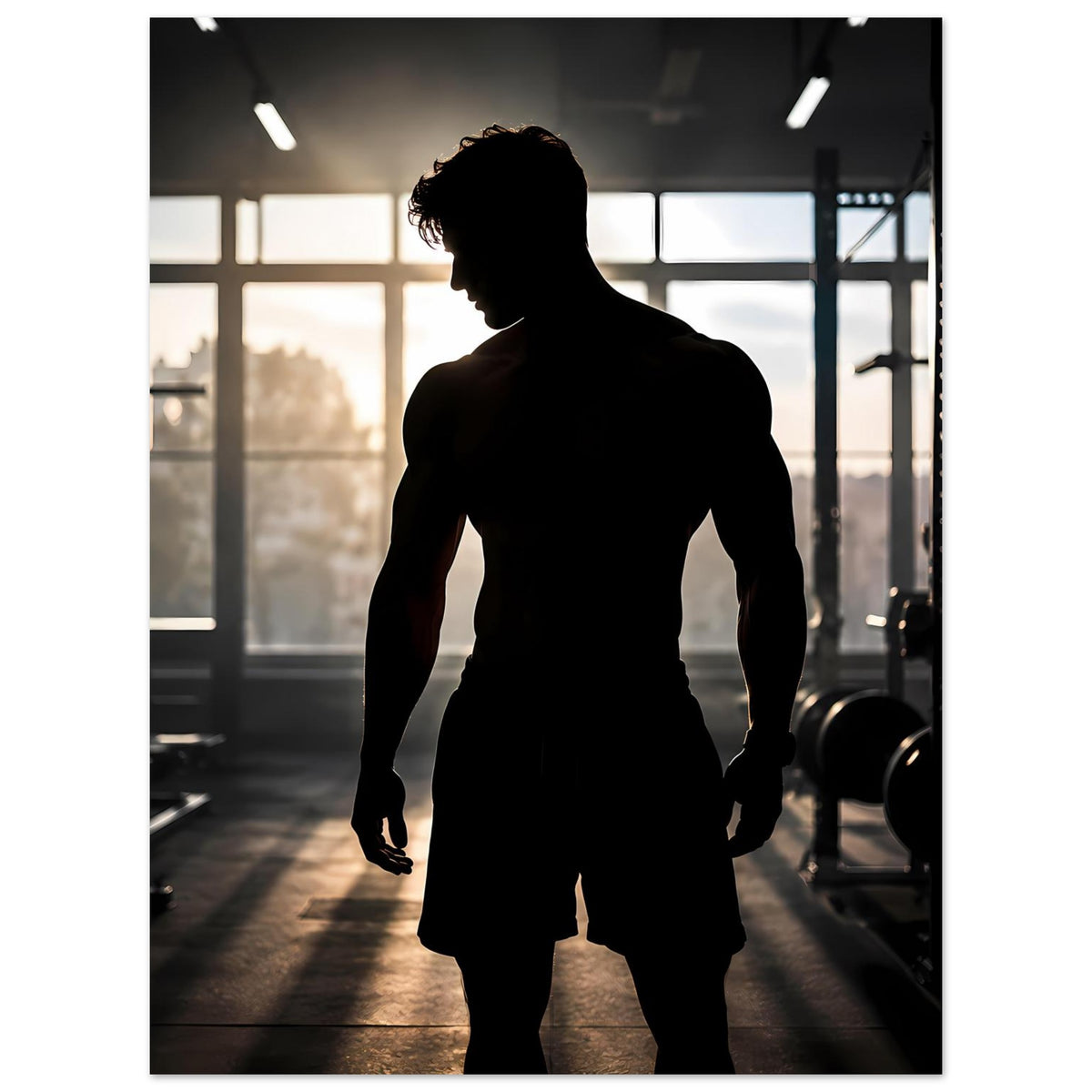 Fitness-Poster mit männlicher Silhouette, Ganzkörperansicht, leicht seitlich