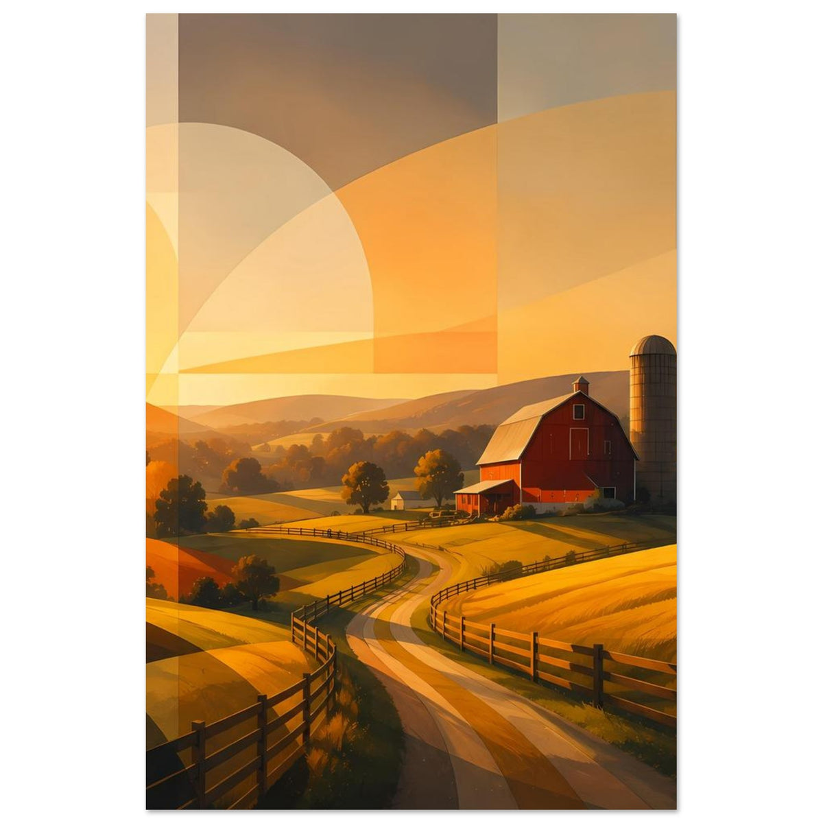 Abstraktes Wandbild im Hochformat: rote Scheune, Siloturm, gewundener Weg und goldene Felder.
