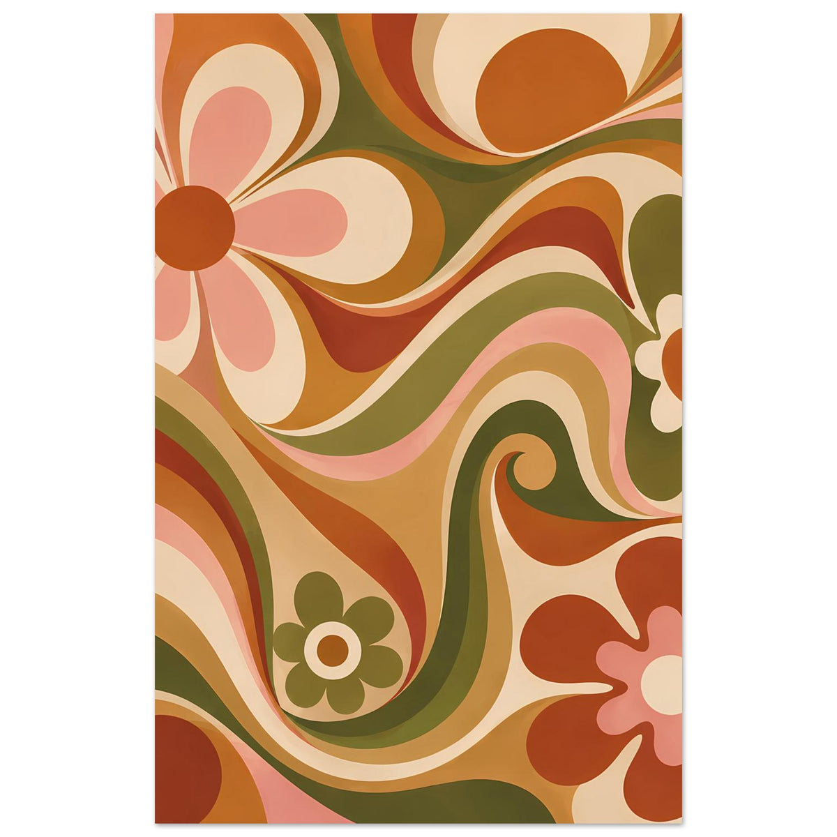 Vertikales Retro-Blumenposter mit Wellen und Blüten in Olivgrün, Orange und Creme