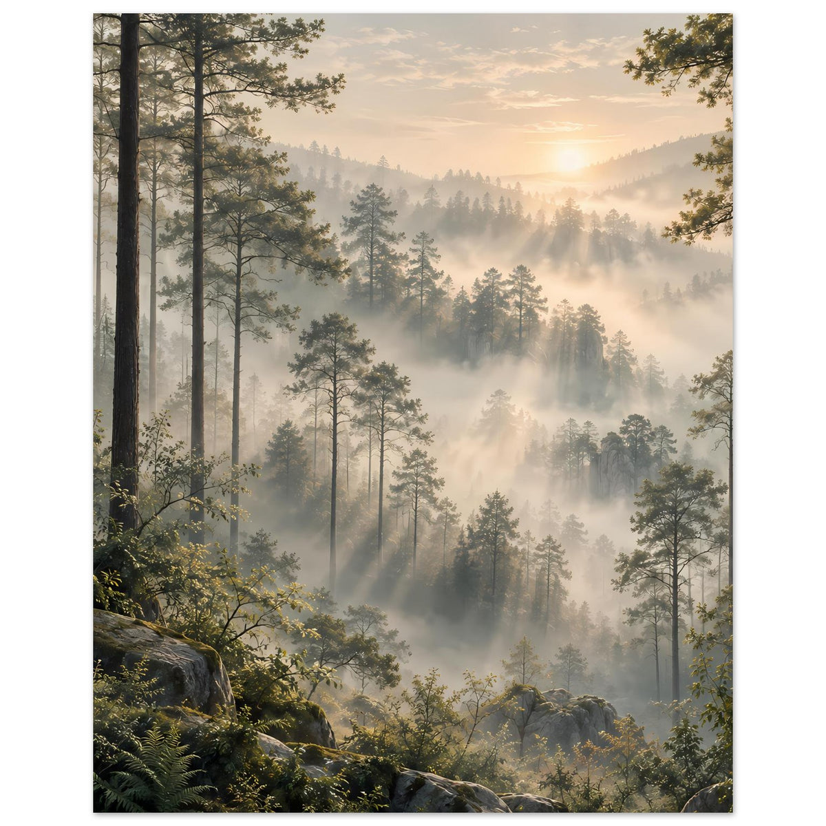 Wandposter im Hochformat: Nebelwald mit hohen Nadelbäumen, Sonnenstrahlen und Felsvordergrund