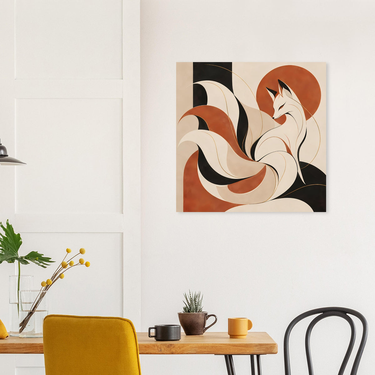 Poster mit stilisiertem Kitsune-Fuchsgeist, hellen Linien und mehreren Schweifen in Erdtönen