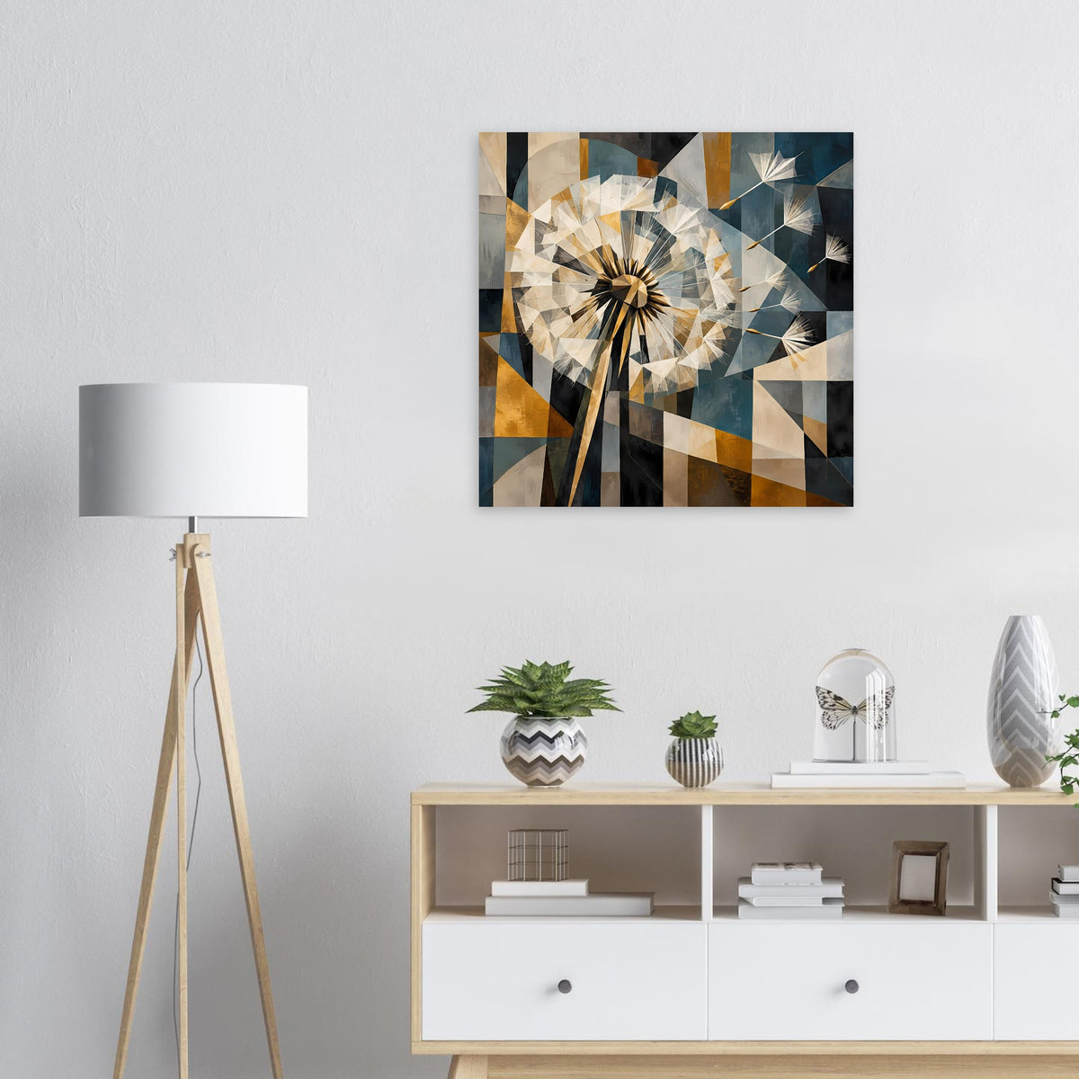 Gerahmtes Poster mit geometrischer Löwenzahn-Grafik in Beige, Blau, Braun und Schwarz