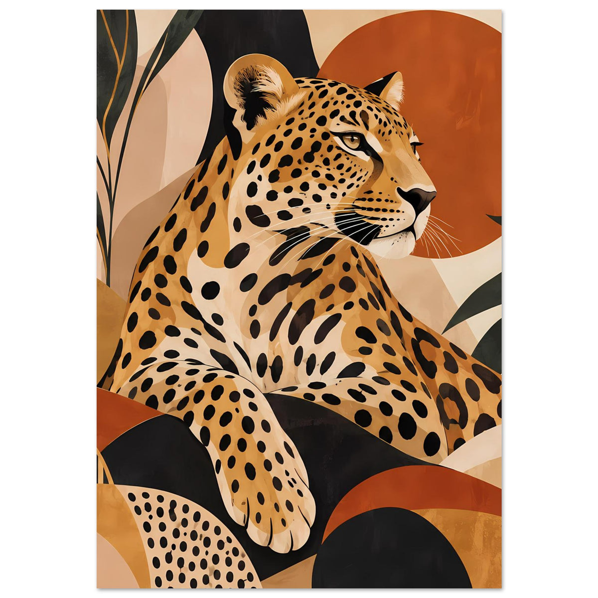 Leopard-Tierposter im Hochformat mit ruhigem Blick und markantem Fleckenmuster