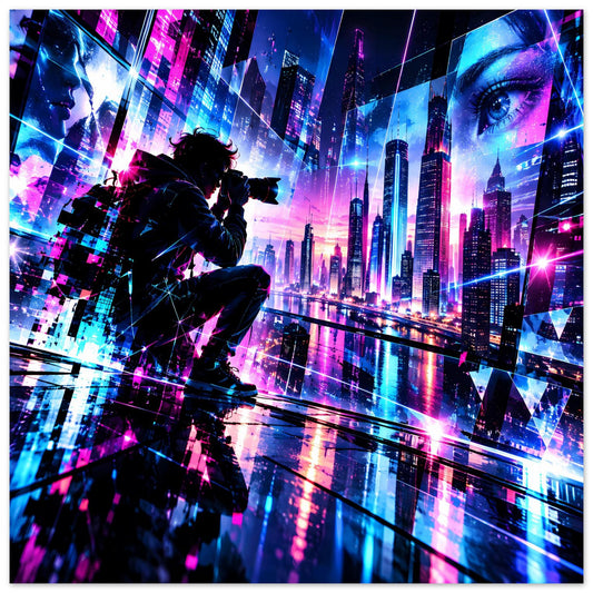 Neon-Cyberpunk-Stadtposter bei Nacht: Figur mit Waffe vor leuchtender Skyline und Reflexen