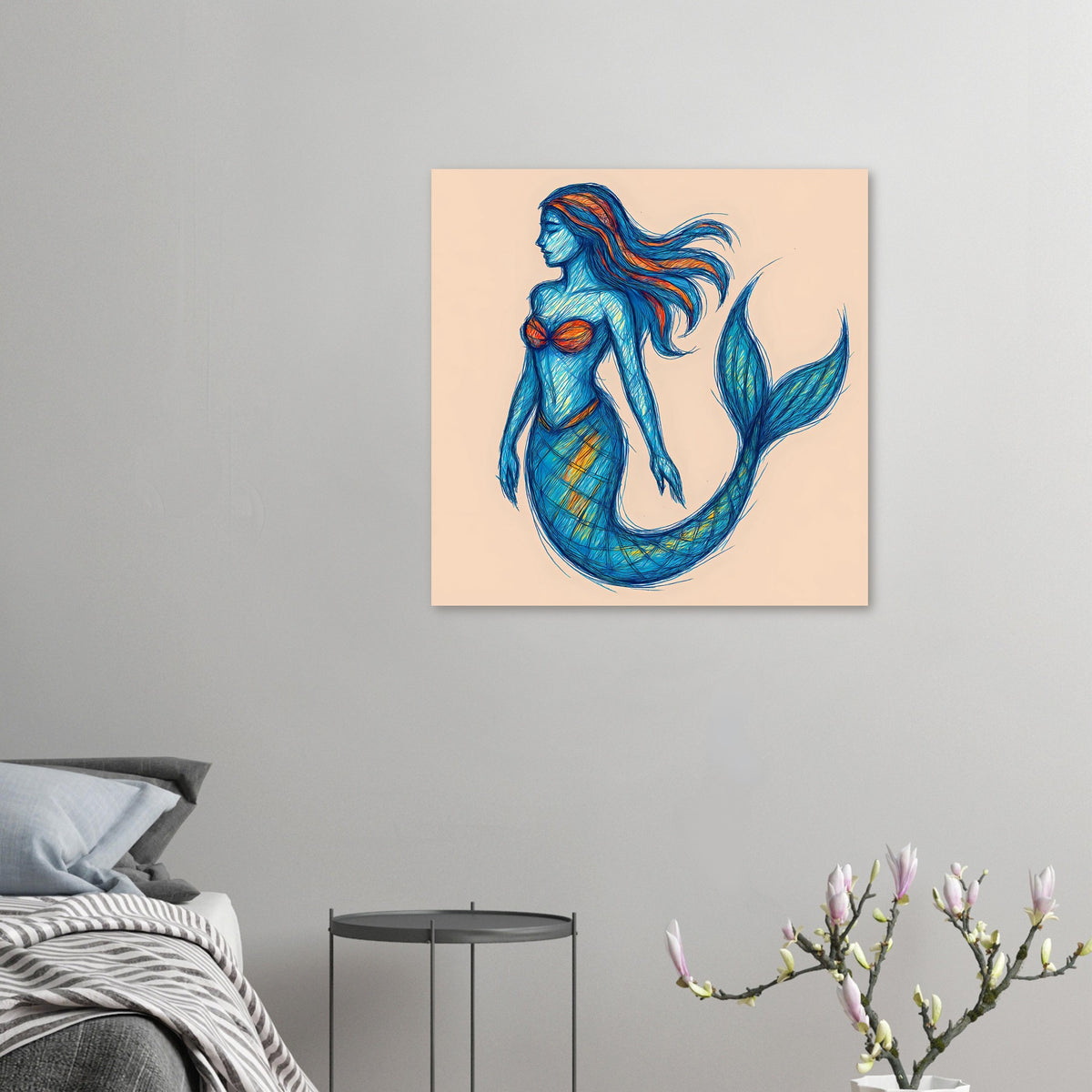 Kleines Kunstposter mit Meerjungfrau-Illustration in Blau und orangefarbener Brust