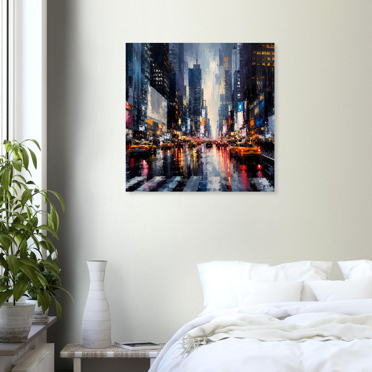Gerahmtes Stadtposter mit nassem Straßenzug und Spiegelungen, mehrfarbige Skyline bei Nacht