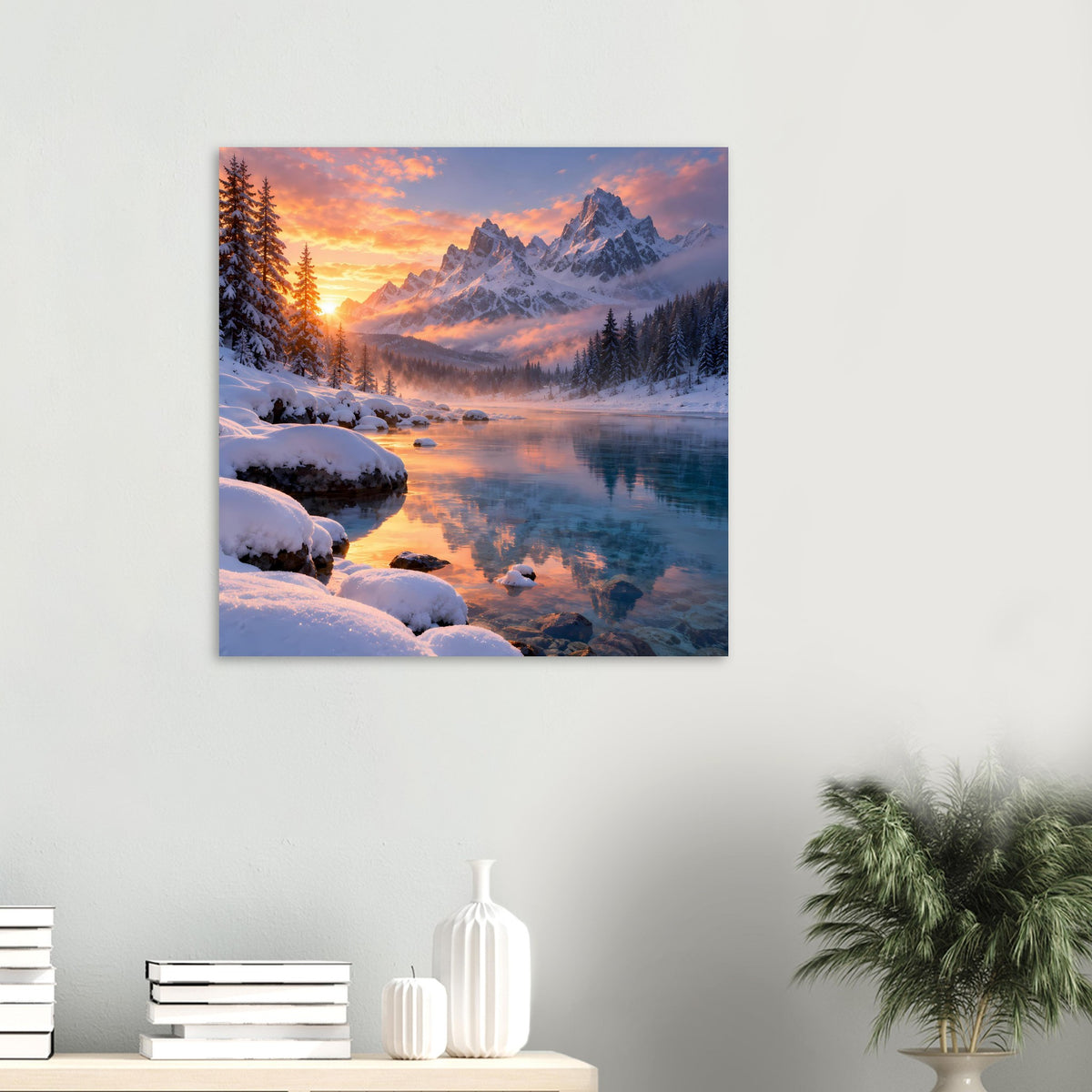 Quadratisches Winterlandschaft-Poster mit verschneiten Bergen, Fluss und Sonnenaufgang im Morgenlicht