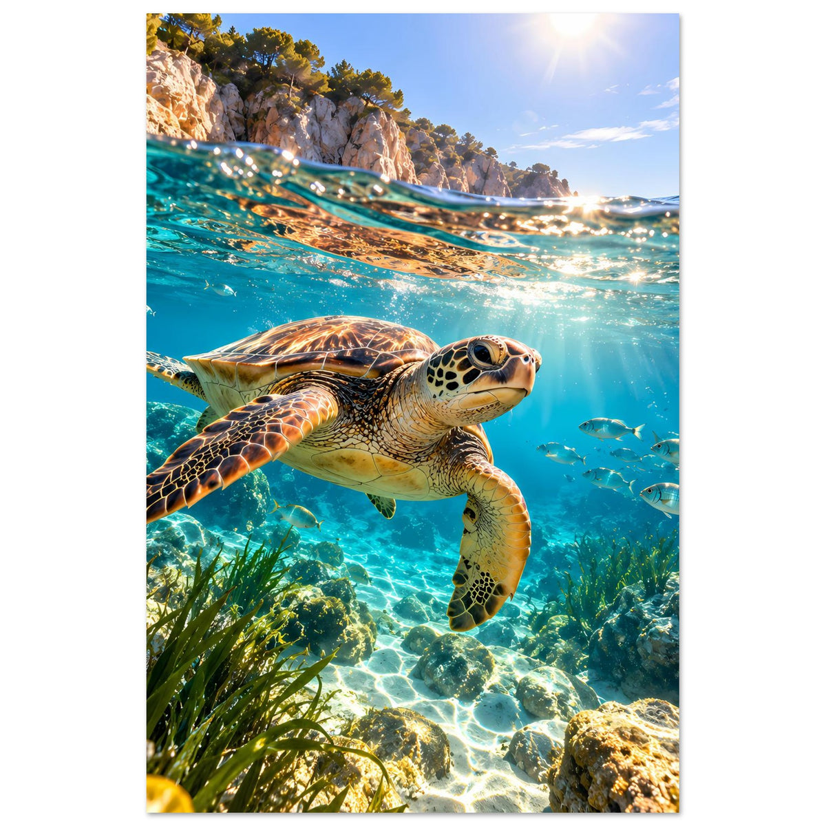 Poster im Hochformat: Meeresschildkröte schwimmt durch klares Wasser mit Fischen