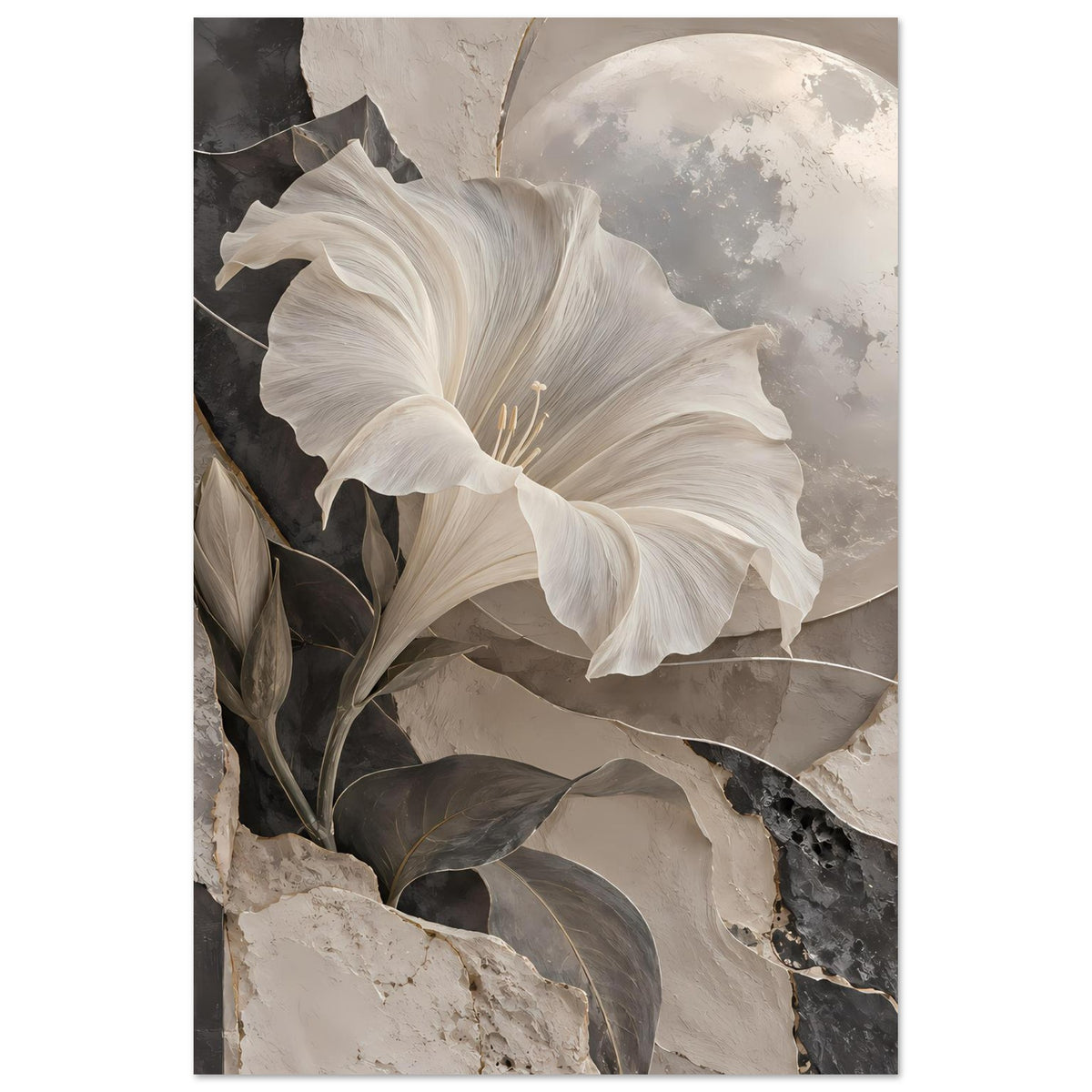 Kunstposter im Hochformat: weiße Blume vor Halbmond und grauem Steingrau
