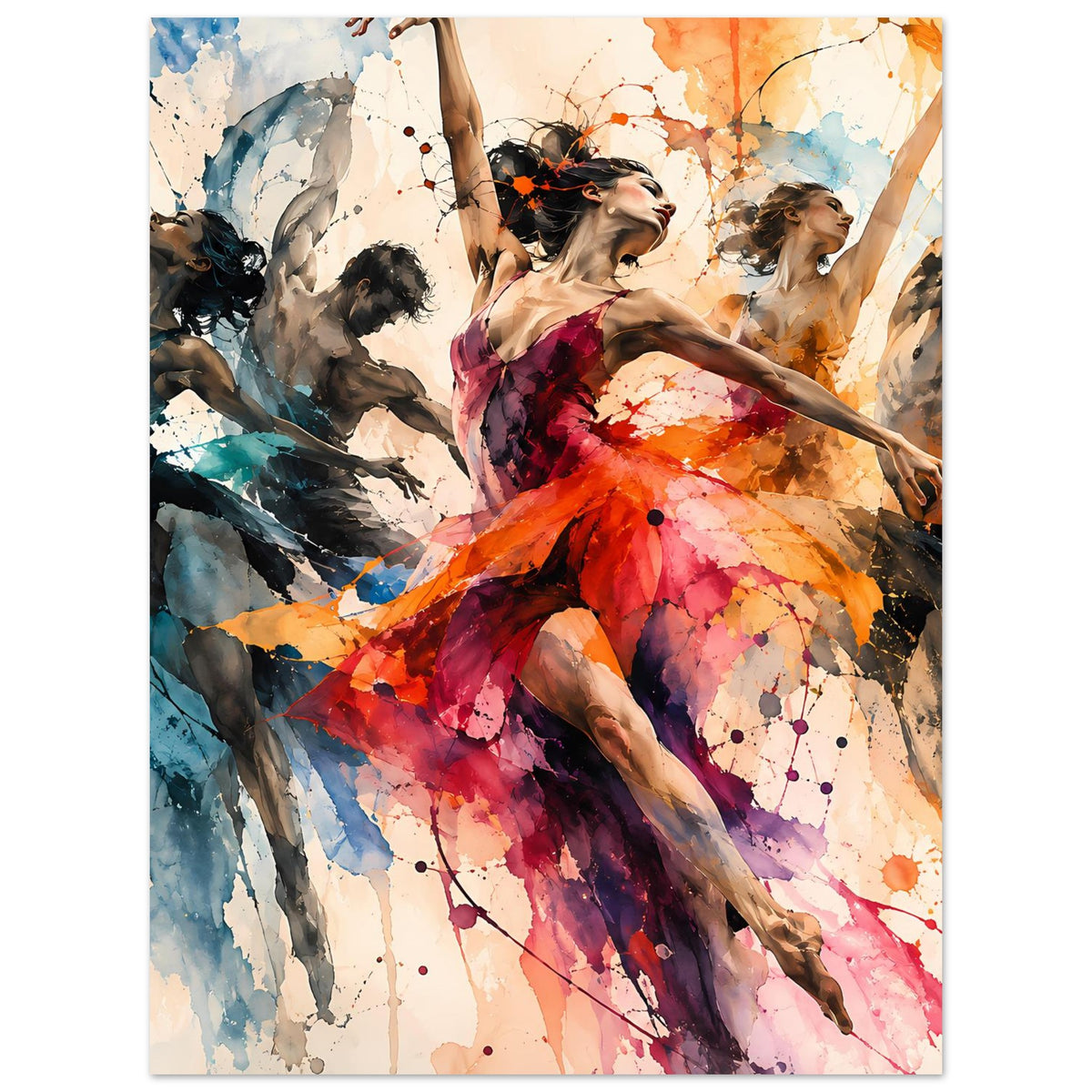 Tanzkunst-Poster mit Tänzerin in rotem, bunter Tüllröcke und weiteren Figuren im Aquarellstil