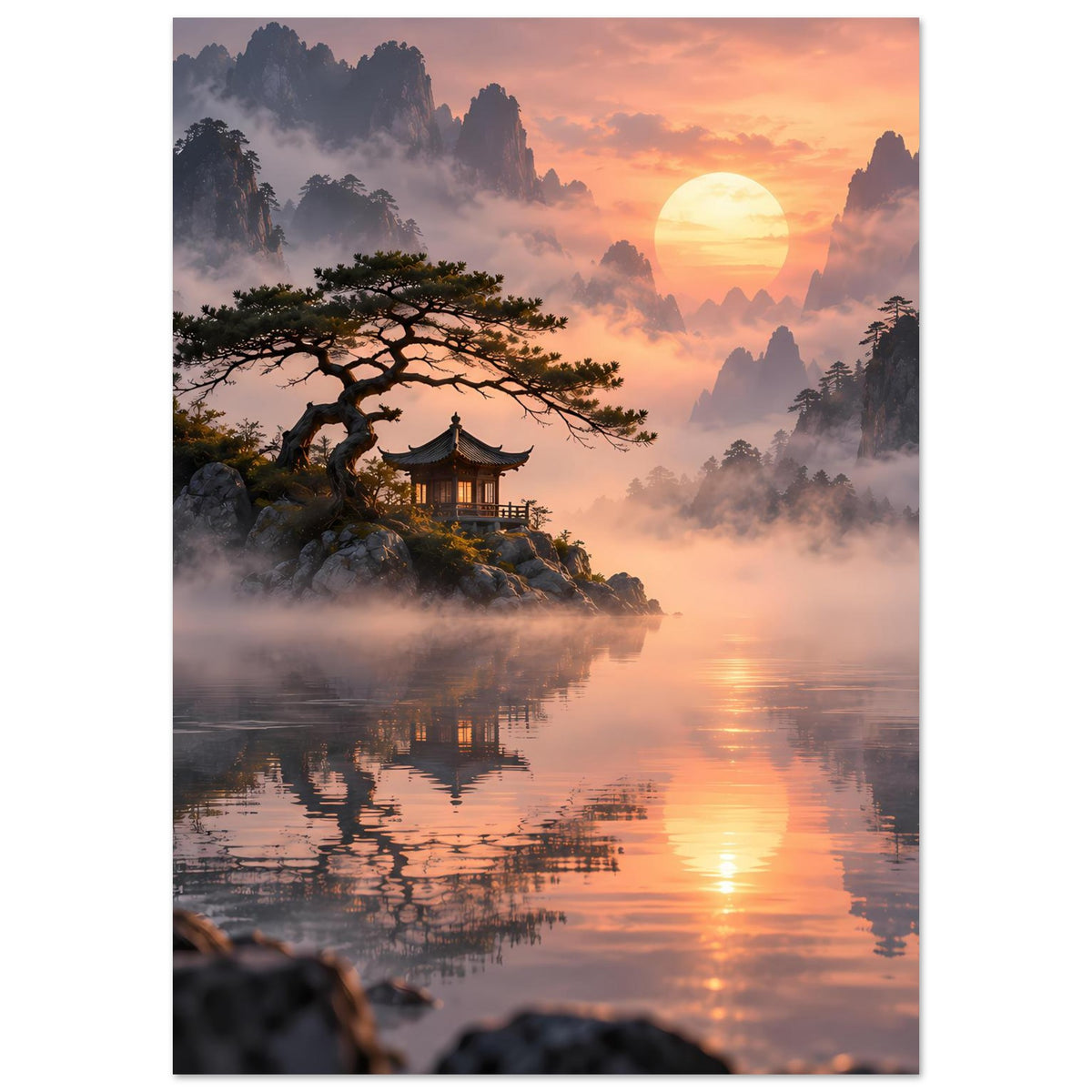 Hochformatiges Poster mit Pagode, weitem Baum, Sonnenuntergang und dunstigen Bergkonturen