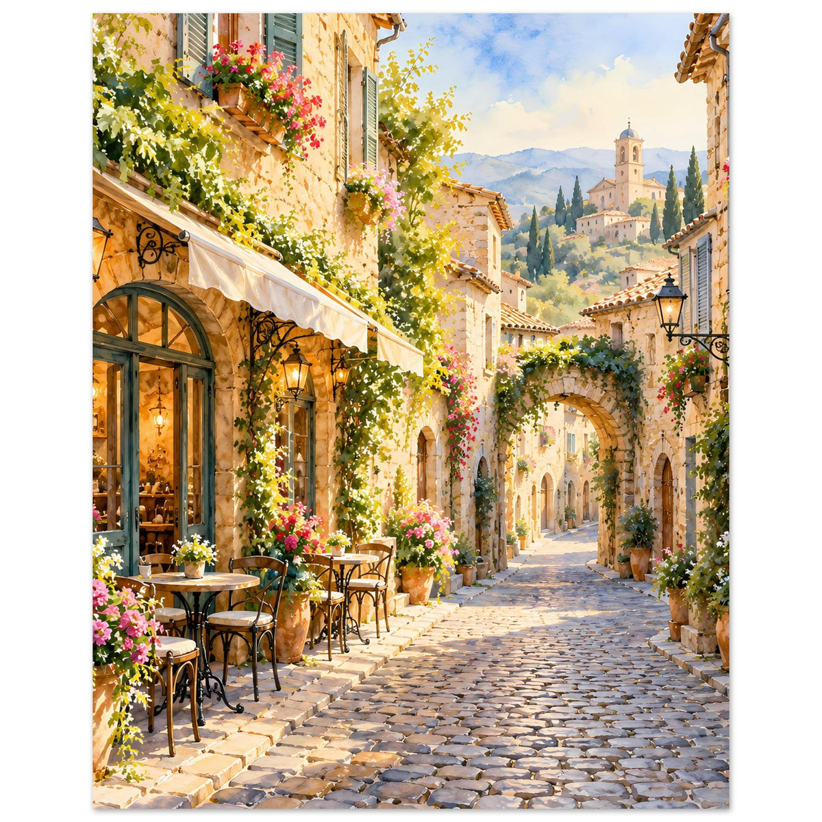 Poster mit mediterraner Dorfstraße, Blumen und Blick zur Kirche