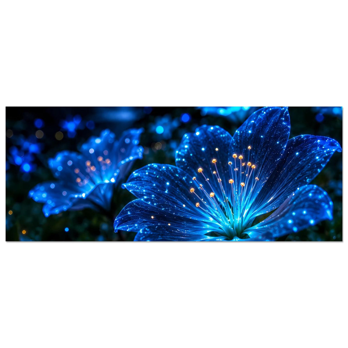 Horizontales Poster mit leuchtend blauen Blüten und goldenen Staubfäden, umgeben von Lichtpunkten