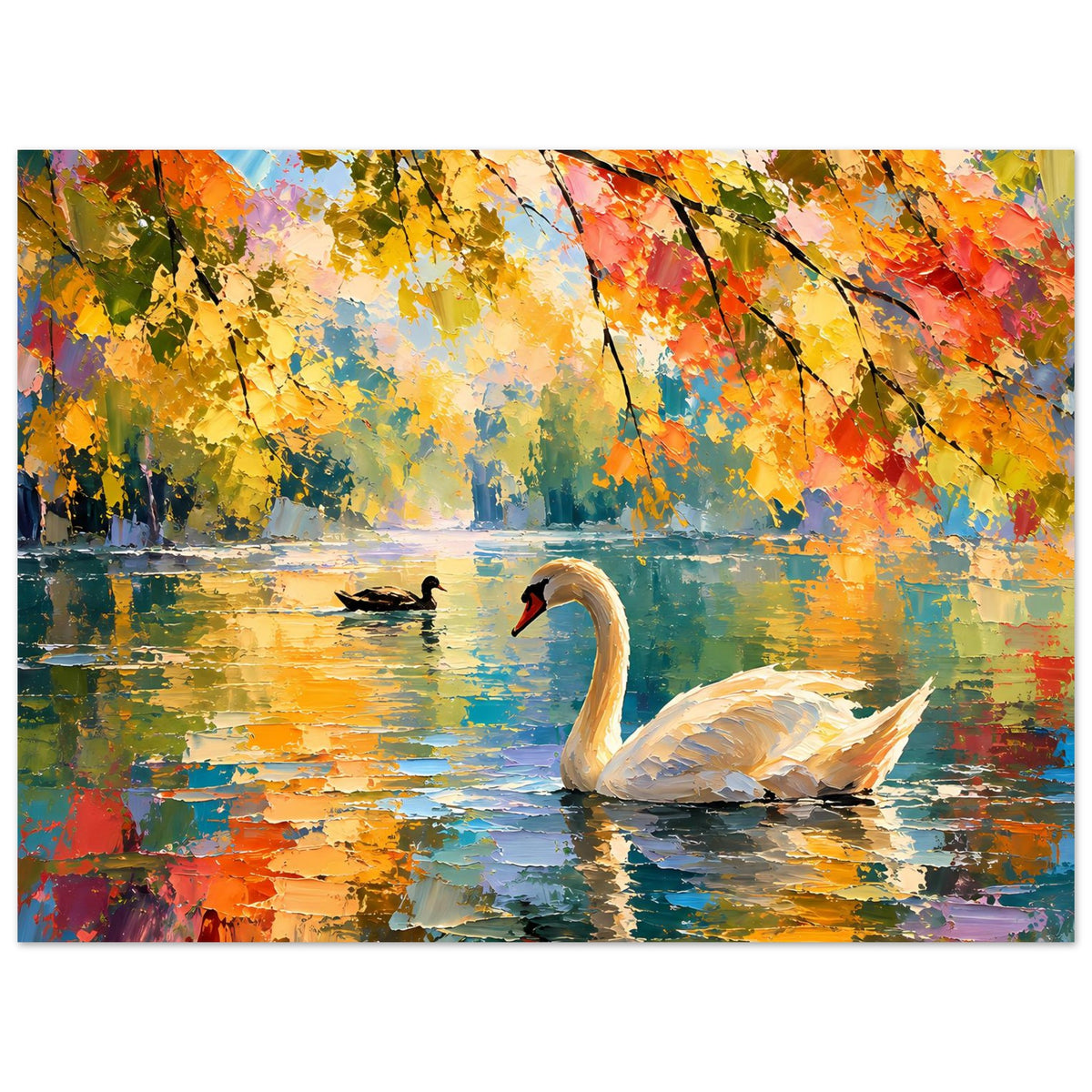 Vertikales Wandposter: weißer Schwan auf Wasser, dunkle Ente nahe bei, bunte herbstliche Äste