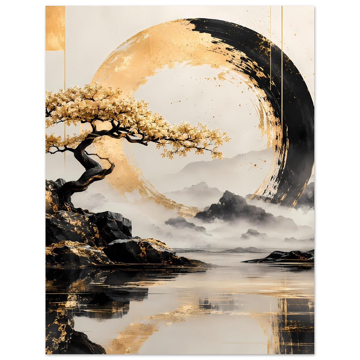 Poster im Hochformat: gold-schwarzer Kreis über Nebel, Baum am Felsen