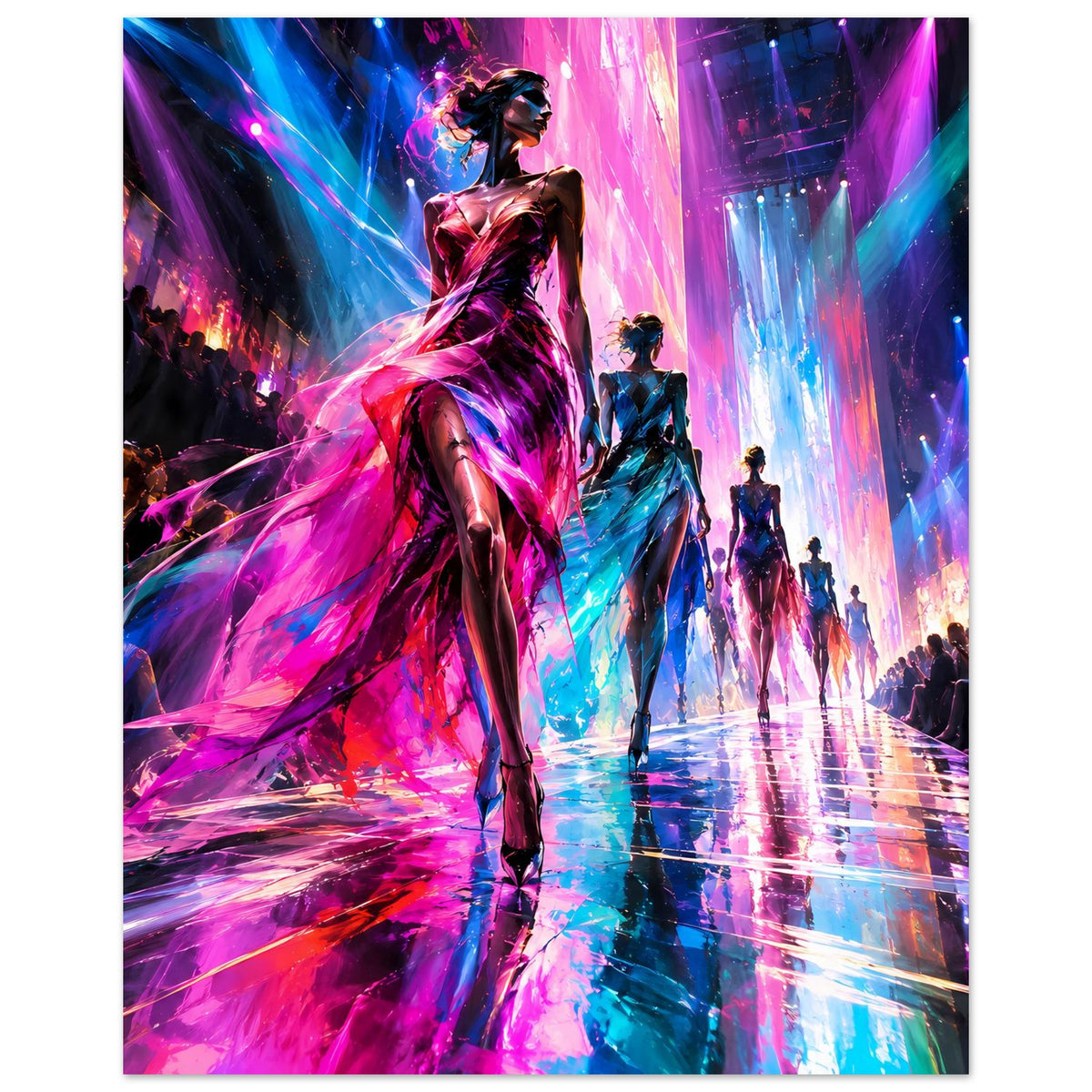 Hochformat-Modeposter mit Model im Vordergrund, pink-schwarzes Kleid und Neonlichtstrahlen