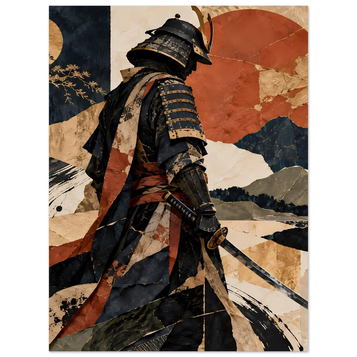 Poster mit Samurai-Silhouette im Hochformat, Helm und Schwert, abstrakte Berge in warmen Tönen