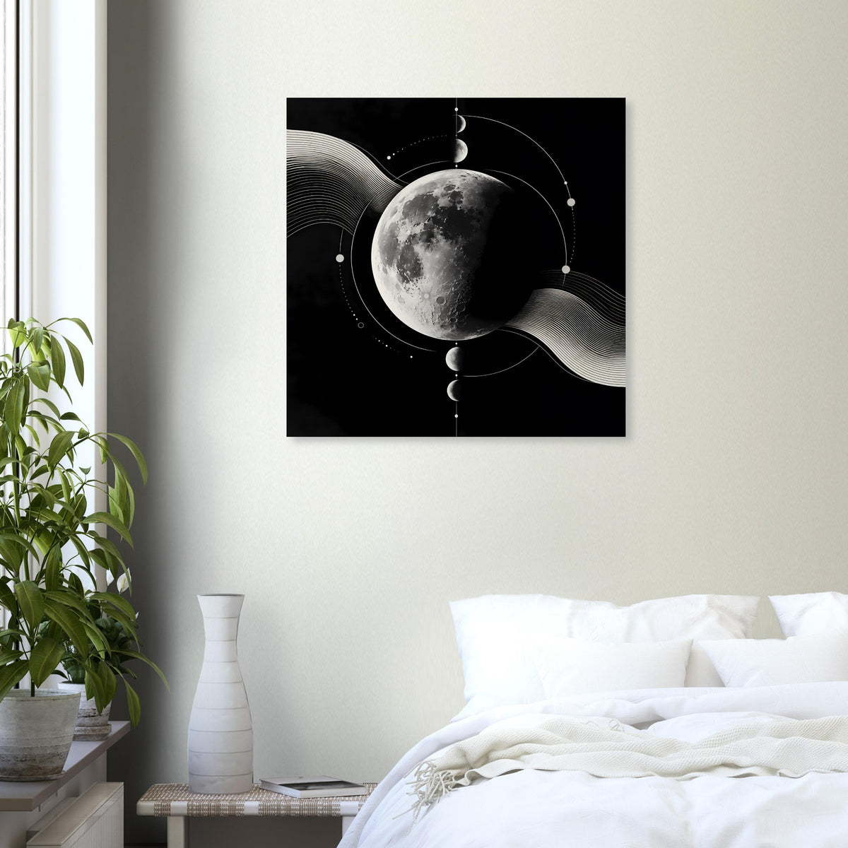 Poster mit schwarzem Rand: silberner Mond und Kreise mit Wellenlinien auf Dunkel