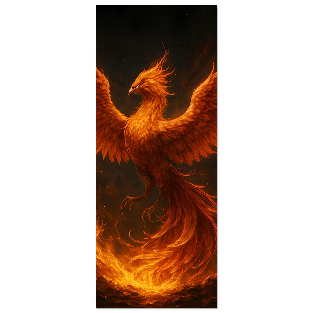 Hochformat-Poster mit Phönix in Flammen, helle Glut in Orange am unteren Rand