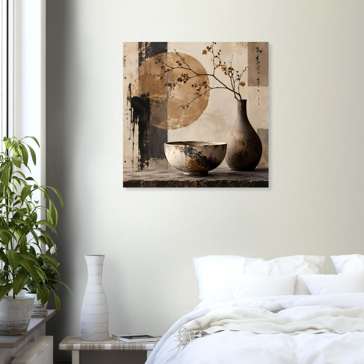 Stillleben-Poster mit Schüssel und dunkler Vase sowie feinem Baumzweig