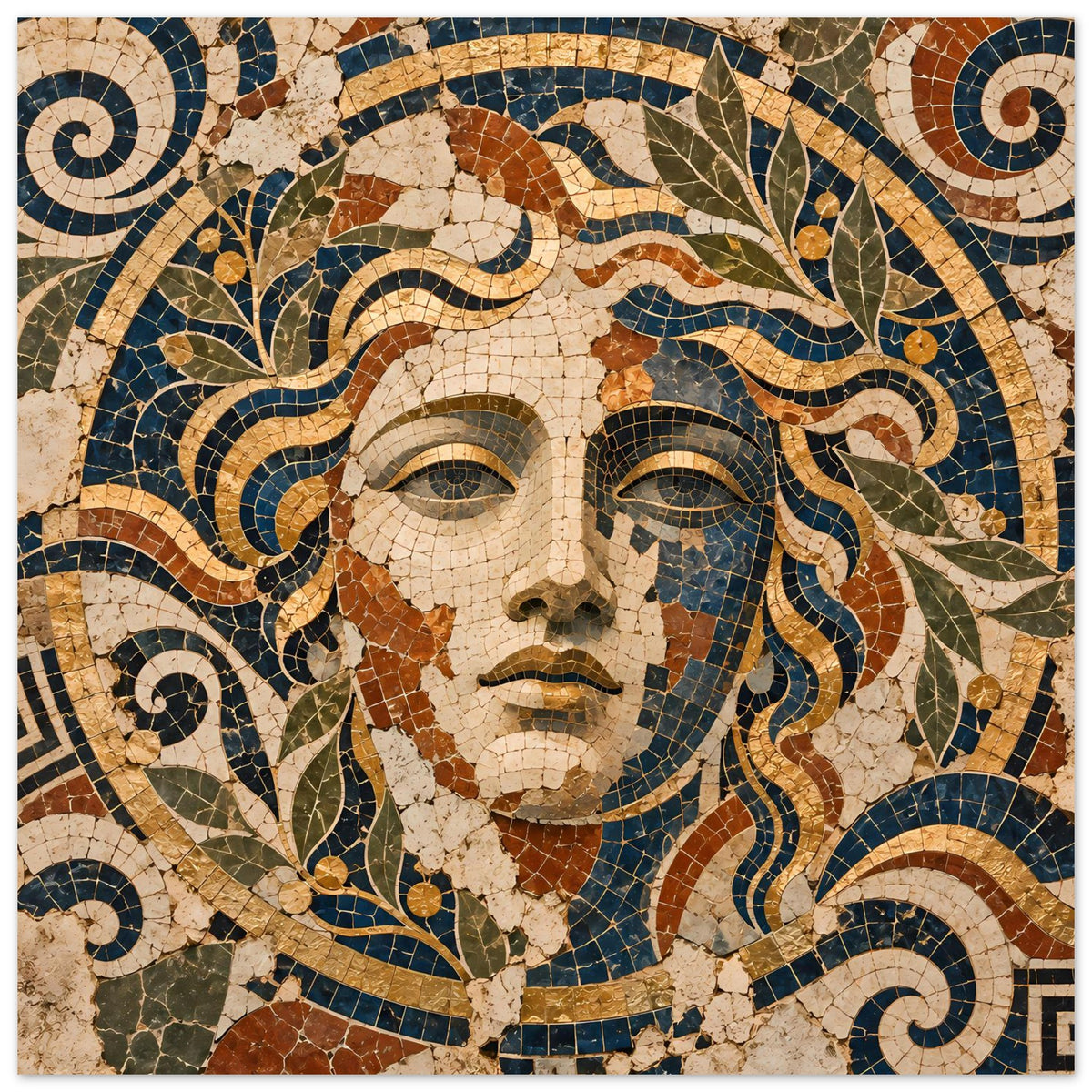 Poster mit Mosaik-Göttinnenportrait, Gesicht im Detail, blaue und goldene Akzente