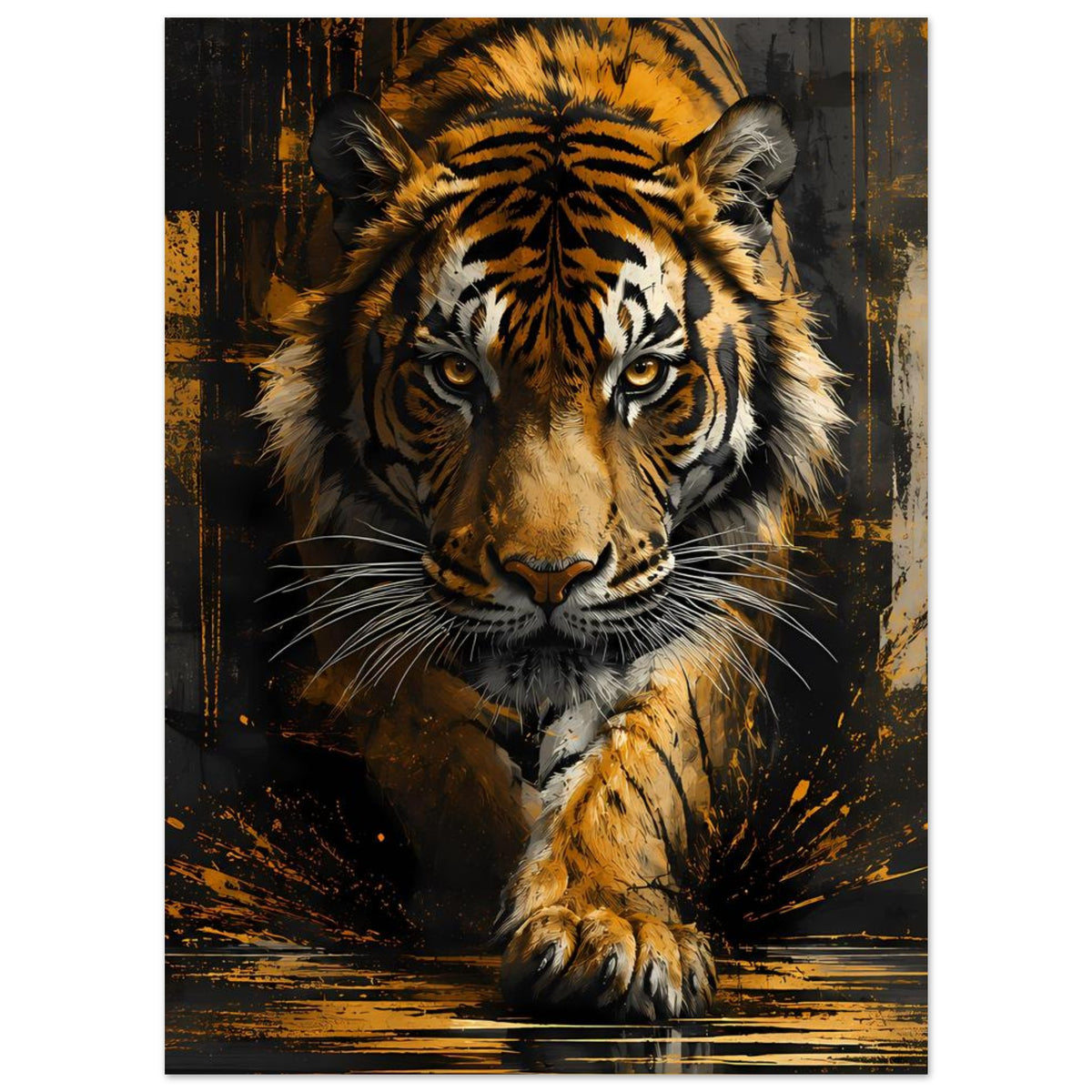 Tiger-Poster im Hochformat mit goldgelbem Fell, schwarz-gelben Streifen, ruhiger Blick