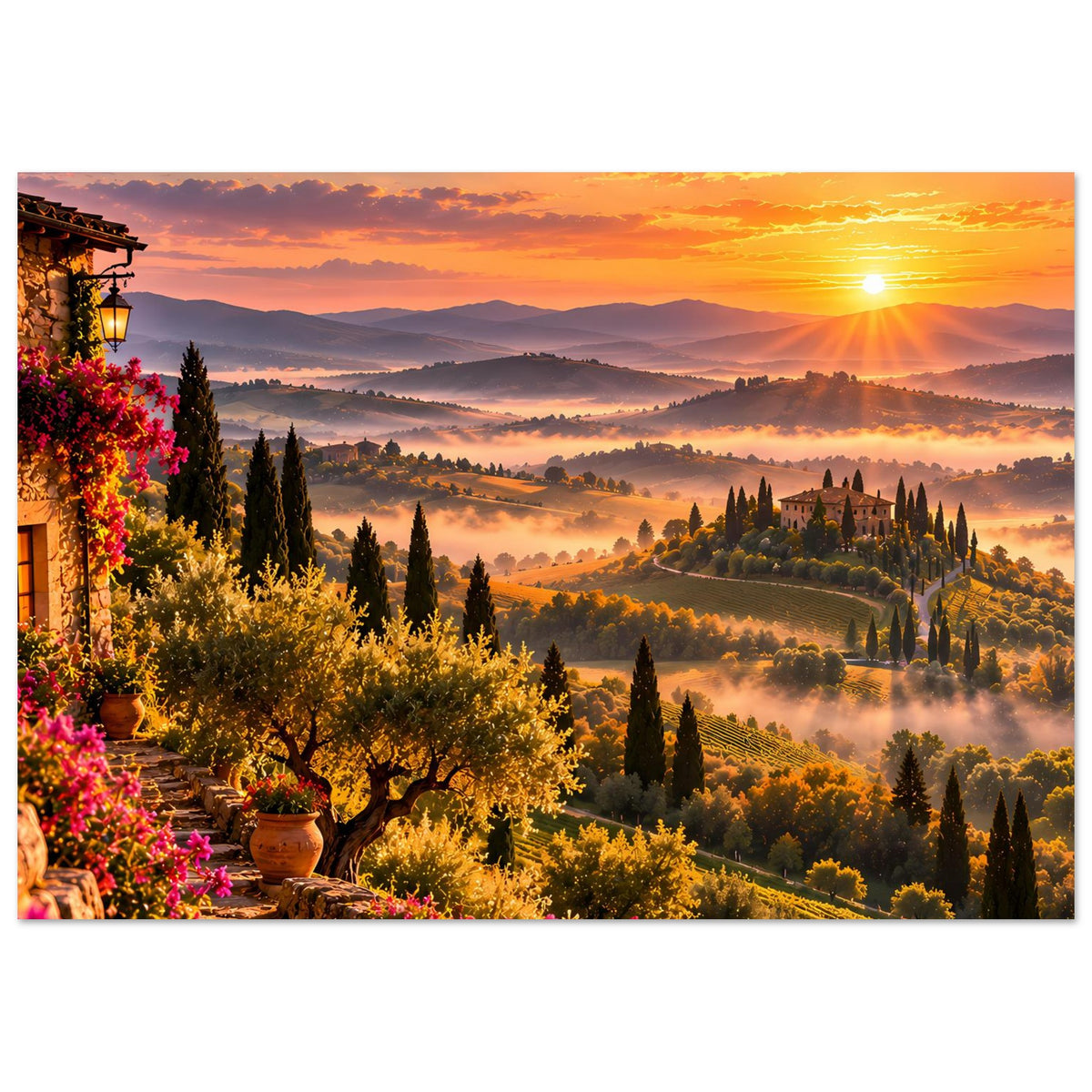 Gerahmtes Poster mit toskanischer Landschaft bei Sonnenuntergang, Sonne, Zypressen und blühenden Büschen.