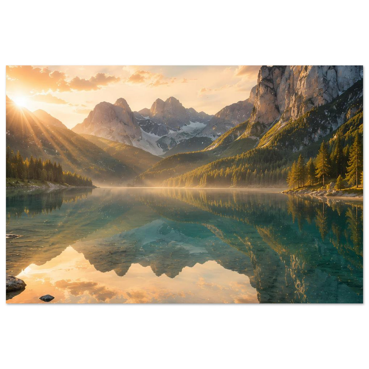 Wandposter im Querformat mit Bergsee bei Sonnenaufgang, Uferwald und Reflexion